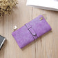 Purple suede-style long wallet phone bag with zip, wrap flap strap, and gold-tone clasp.