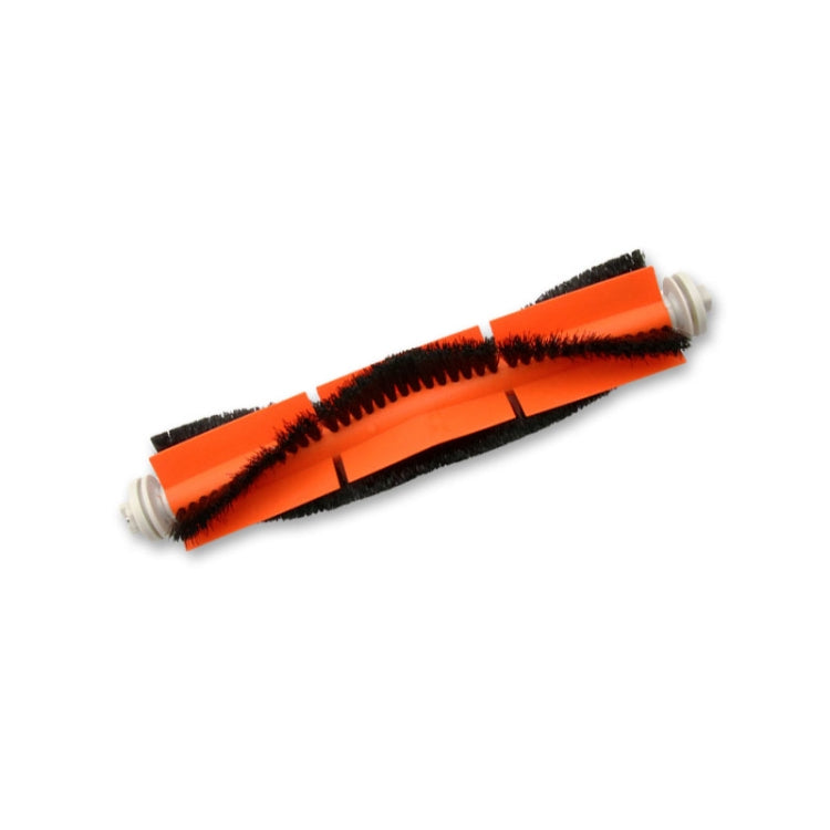 Close-up of orange main brush roller with black bristles and end caps