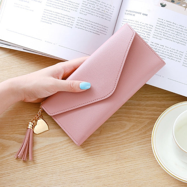 Light pink PU long clutch wallet with zipper and tassel charm