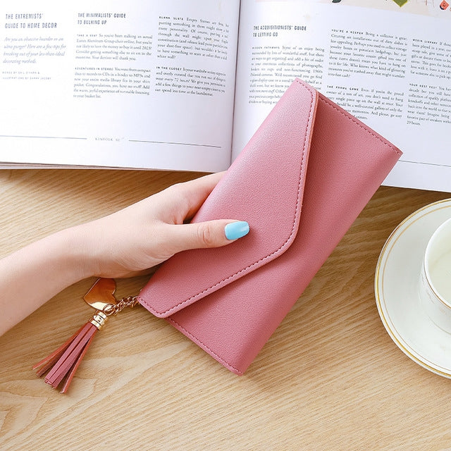 Dusty pink PU long clutch wallet with zipper and tassel keychain
