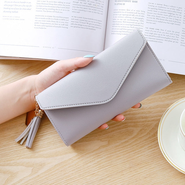 Light gray PU long clutch wallet with zipper and tassel keychain charm