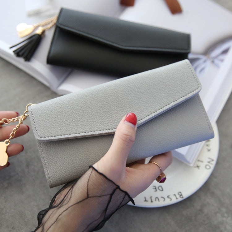 Light gray long zipper clutch wallet with tassel charm and gold-tone chain