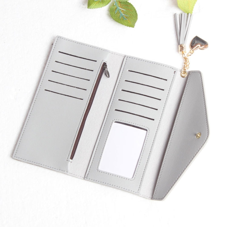 Light gray long zipper clutch wallet open view with card slots and inner compartments