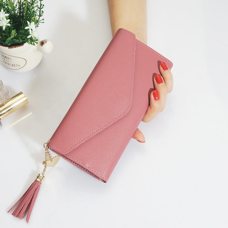 Pink long zipper clutch wallet with tassel charm and gold-tone chain