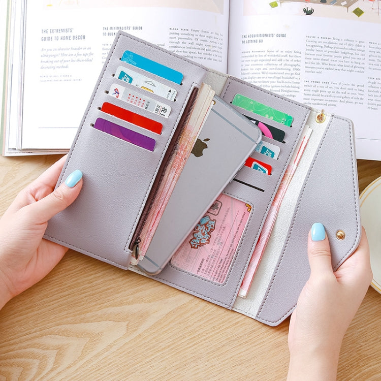 Light gray long zipper clutch wallet open with multiple card slots and bills compartment