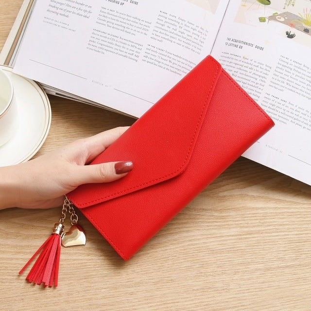 Red long zipper clutch wallet with tassel charm and gold-tone chain