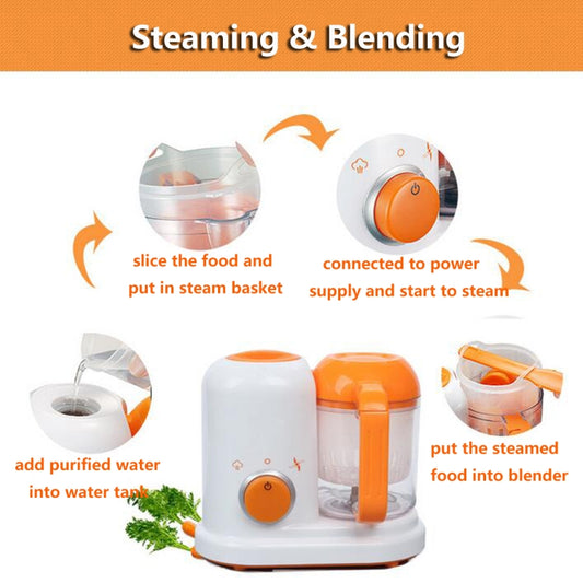 Electric baby food steamer and blender with steam basket and blending jar setup