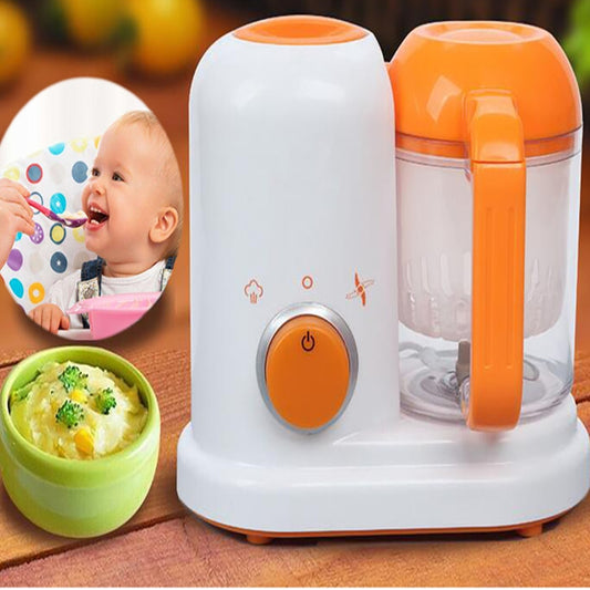 White and orange electric baby food maker with blender and steam container on base