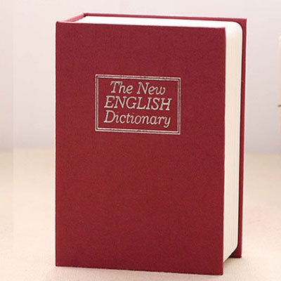 Red dictionary-style safe box with hinged lid and front label