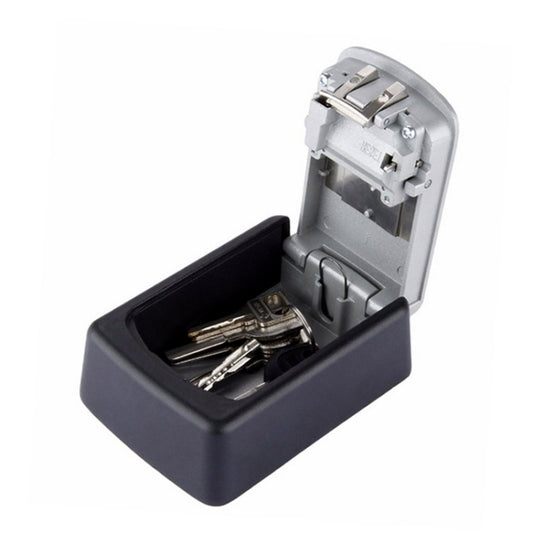 Wall-mounted key lock box open with keys stored in the inner tray, dark gray