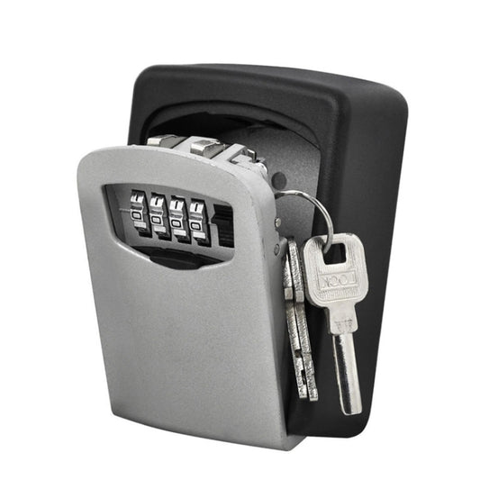 Wall-mounted key lock box with keypad, showing keys and lock inside, black and gray
