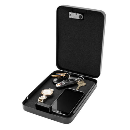 Mini car safety password box with open tray, keys and small items inside