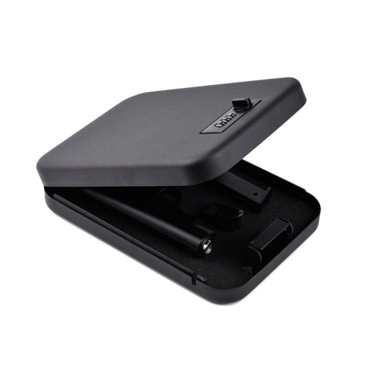Mini security box open showing keypad panel and interior storage compartment