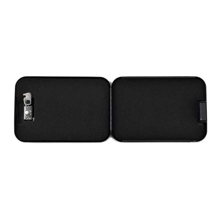 Mini portable safe with black hinged lid and side lock mechanism