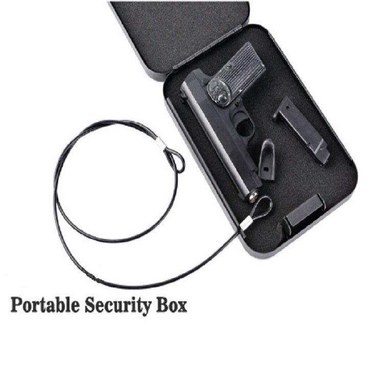 Portable security box open with spare key, keyring, and strap cord