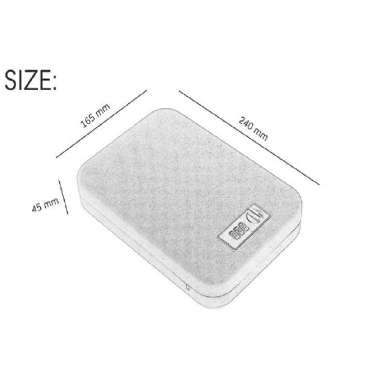 Mini password safe size diagram, light gray case with keypad label