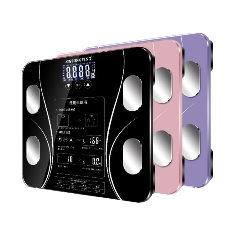 Black digital bathroom weighing scale with LCD screen and four oval foot electrode pads