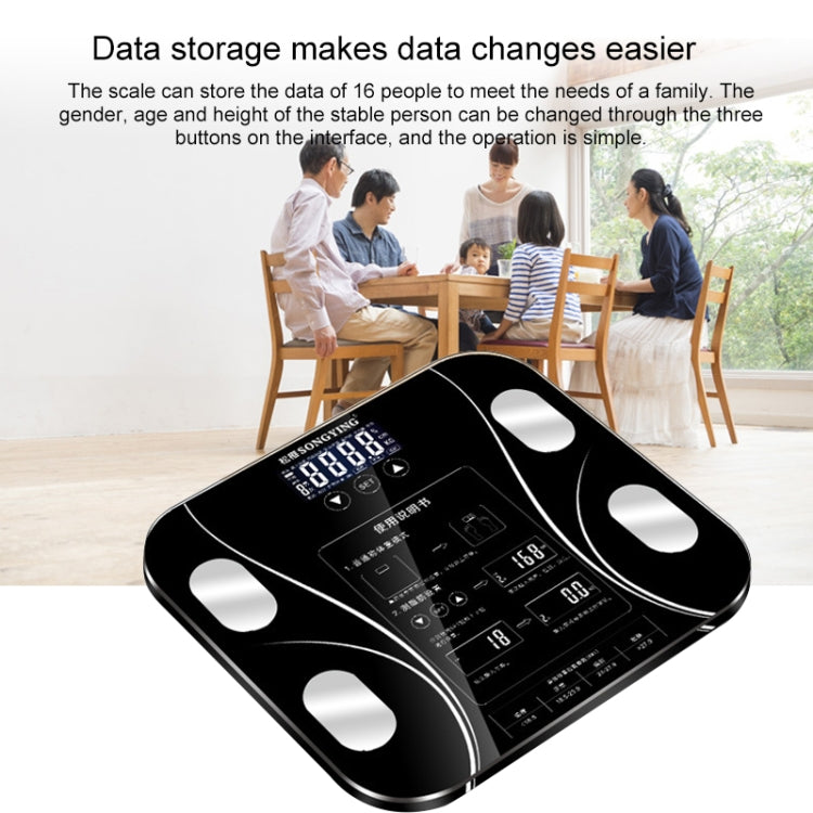 Black digital bathroom scale with LCD screen and four sensor pads on platform