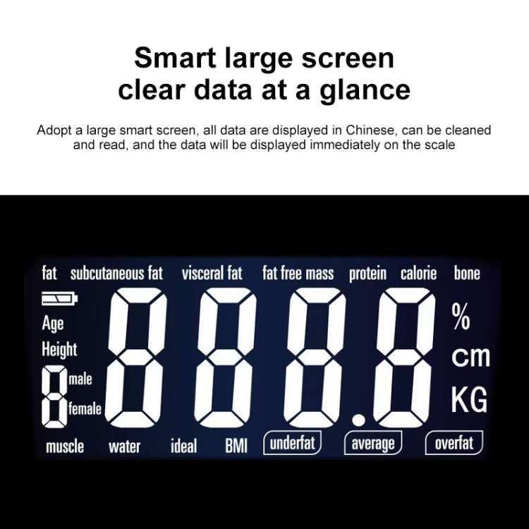 Black digital bathroom scale face with large LCD health stats readout