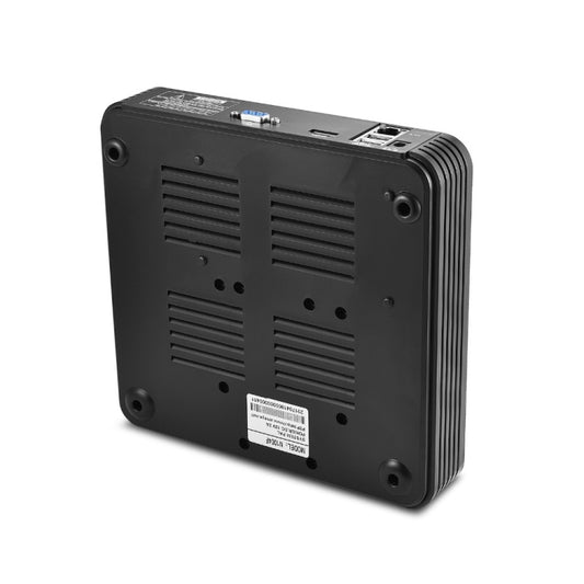 Black rear panel of a network video recorder with vents, screw holes, and port area