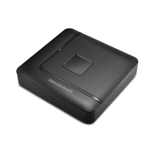 Compact black network video recorder with top panel and central display window