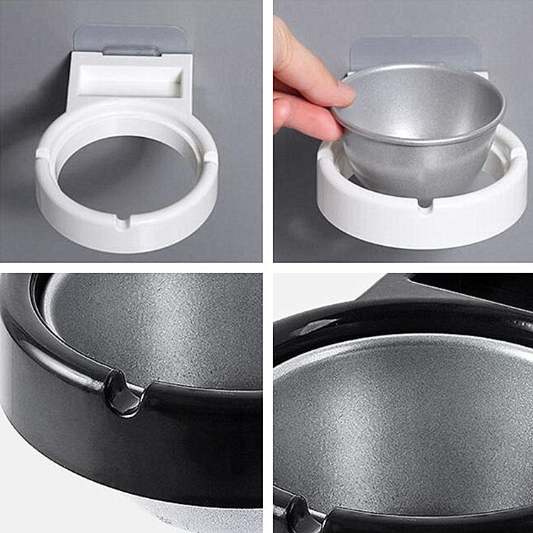 Wall-mounted split ashtray, white lid and gray inner cup with hinge and latch details