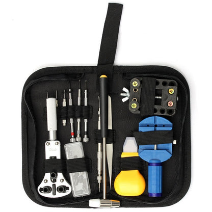 14-in-1 watch tool set in black case with multiple bits and blue/gray press heads