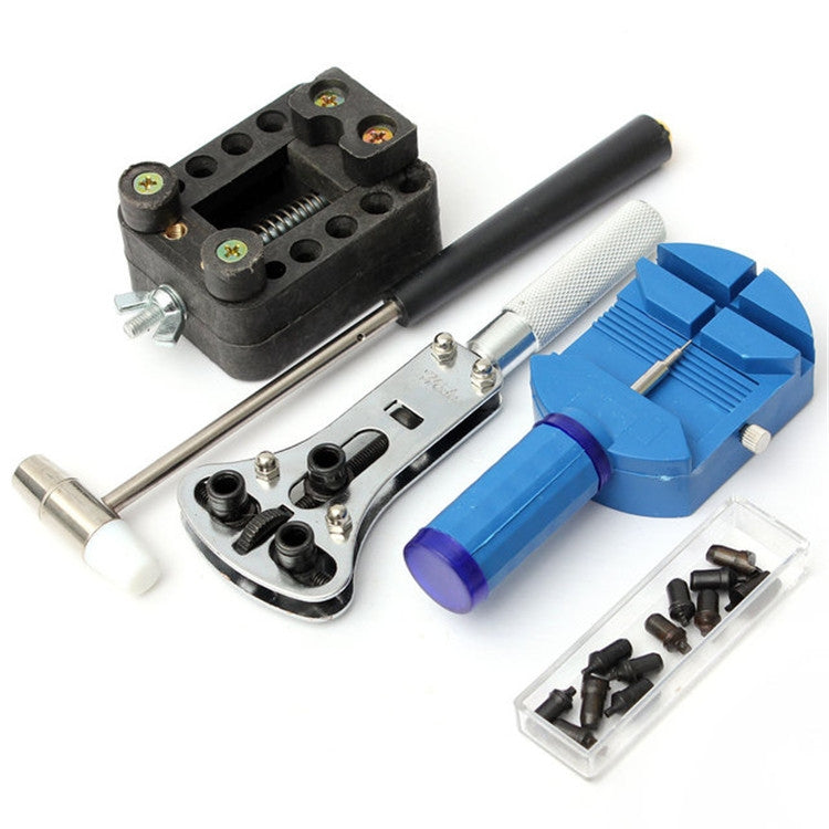 14-in-1 watch removal tool set with metal rods, blue clamp head, and accessory parts