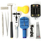 14-in-1 watch repair tool set with yellow handle, blue/black press tool, and metal rods