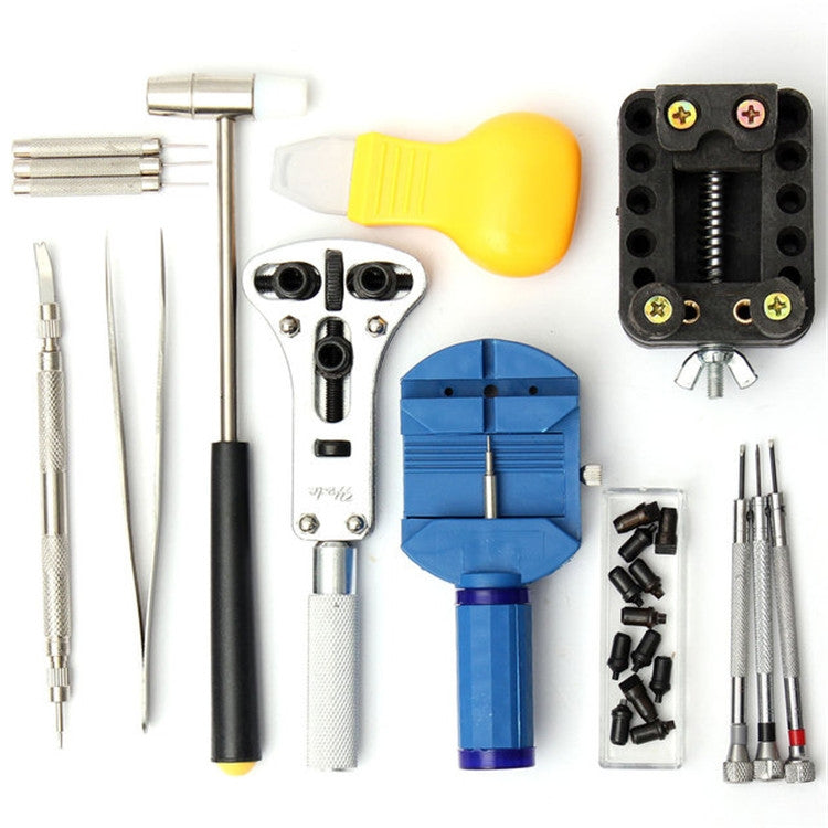 14-in-1 watch repair tool set with yellow handle, blue/black press tool, and metal rods