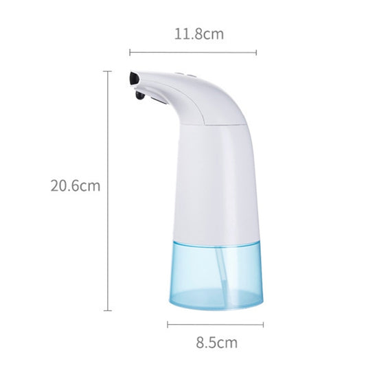 Compact automatic foam soap dispenser in side view, white body with blue base