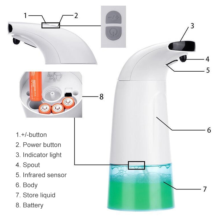 Automatic foam soap dispenser with open base showing internal parts and sensor nozzle