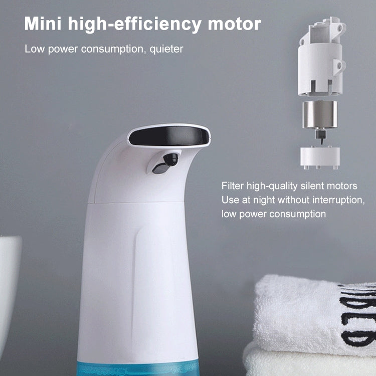 Automatic foam soap dispenser, white body with blue base and black indicator sensor window