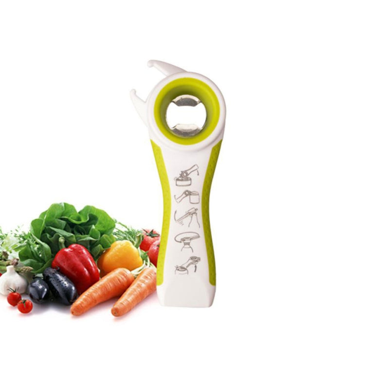 White and green plastic bottle opener tool with metal ring opener and printed icons