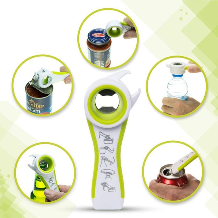 White and green plastic 5-in-1 bottle opener with metal ring and icon instructions