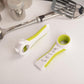 Green and white plastic bottle opener with metal ring and folding tab tool
