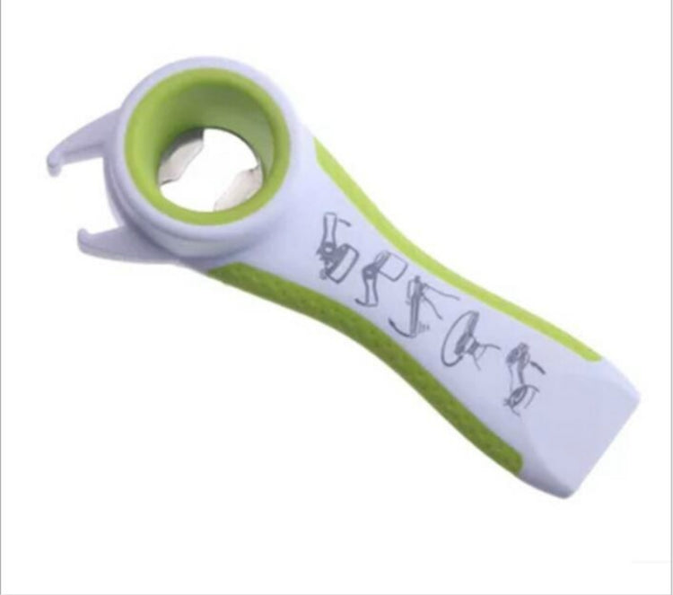 Green and white plastic bottle opener with metal ring and grip handle