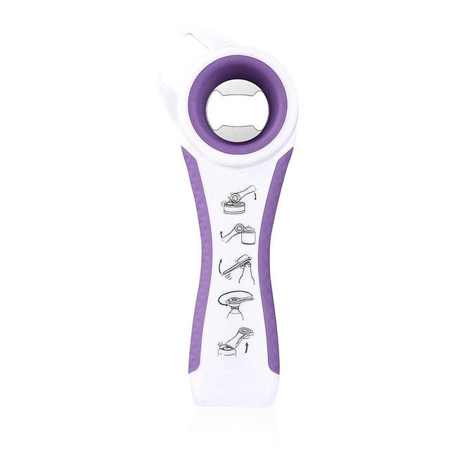 White and purple plastic bottle opener with metal ring and printed drink icons