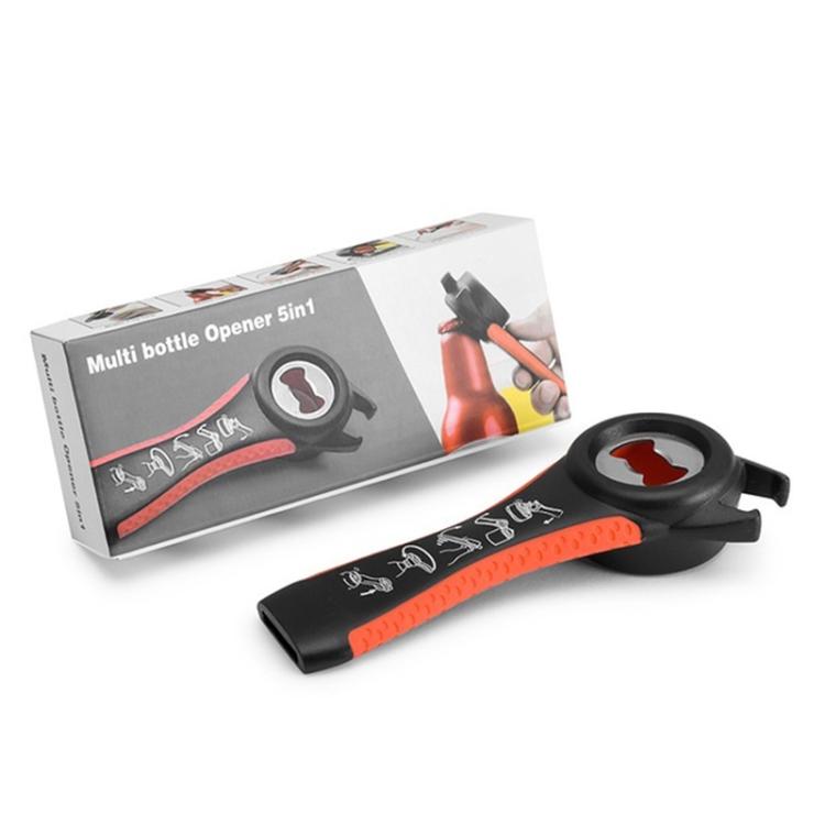 Black and orange plastic 5-in-1 bottle opener with metal ring and icon handle