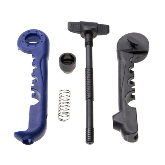 Fishing line reel parts: blue handle, spring, rod clamp, and gray crank component