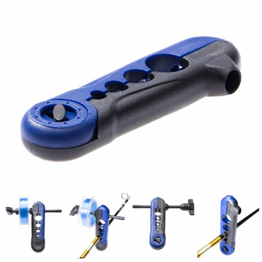 Fishing line reel with blue end cap, dark gray body, and crank lever