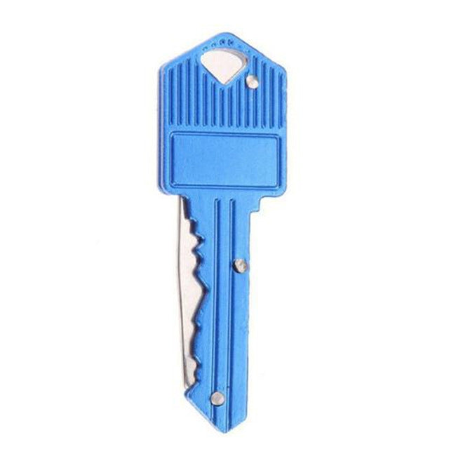 Blue key-shaped mini folding knife with metal blade and keyring hole