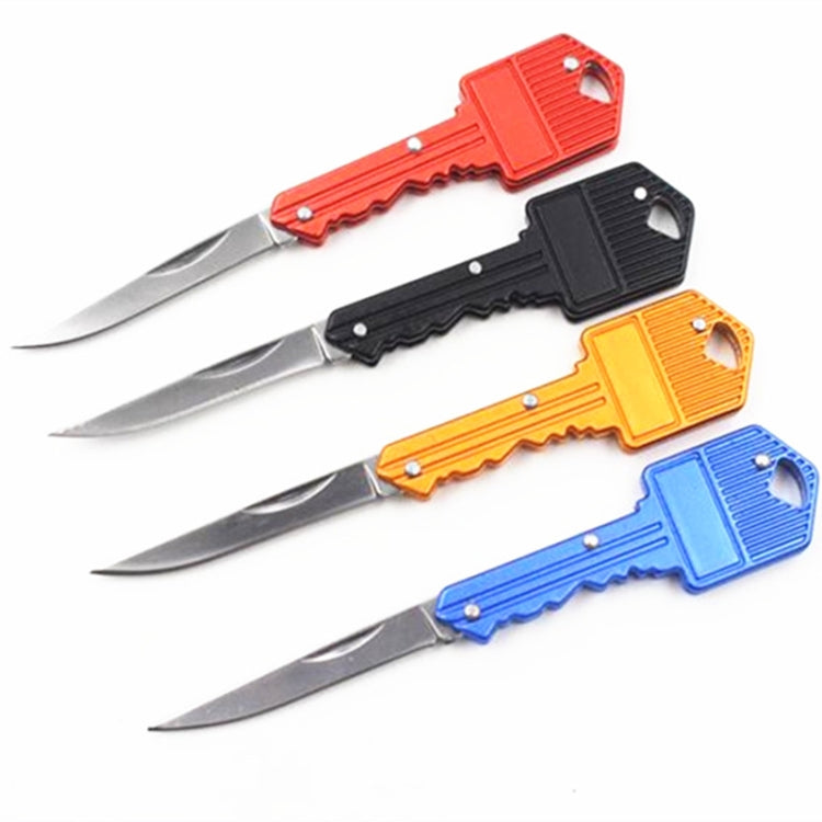 Orange, black, yellow, and blue key-shaped mini folding knives with blades