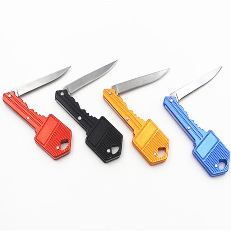 Key-shaped mini folding knives with silver blades in red, black, orange, and blue