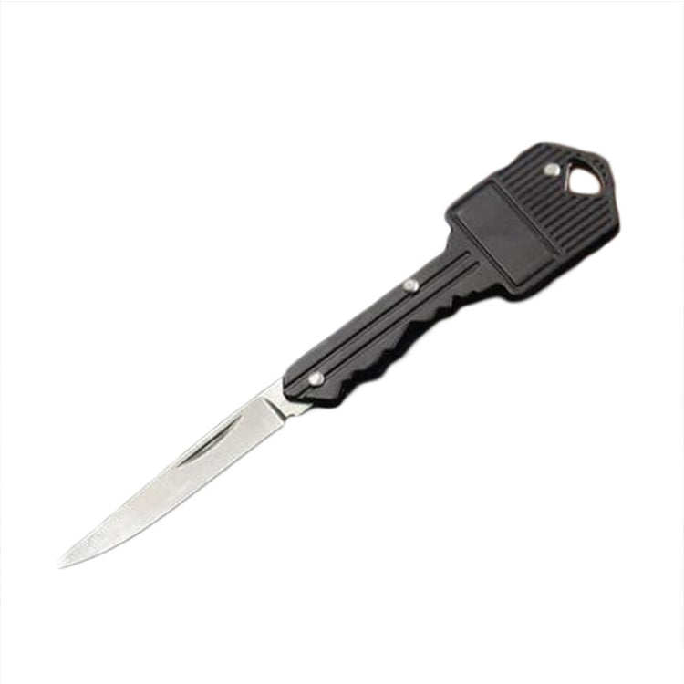 Black key-shaped mini folding knife with silver blade and top keyring loop