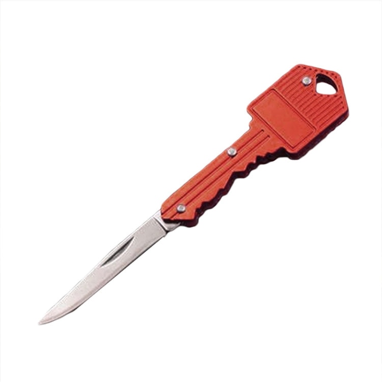 Red key-shaped mini folding knife with silver blade and keyring hole