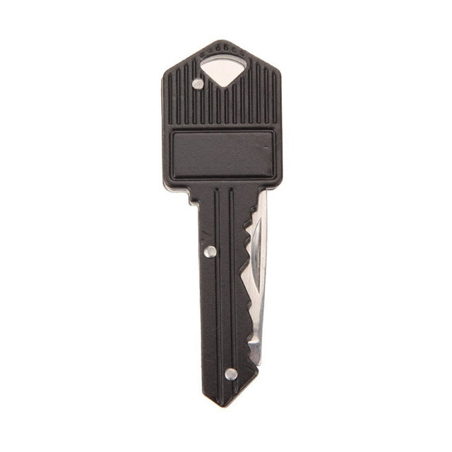 Dark gray key-shaped mini folding knife with silver blade and keyring hole