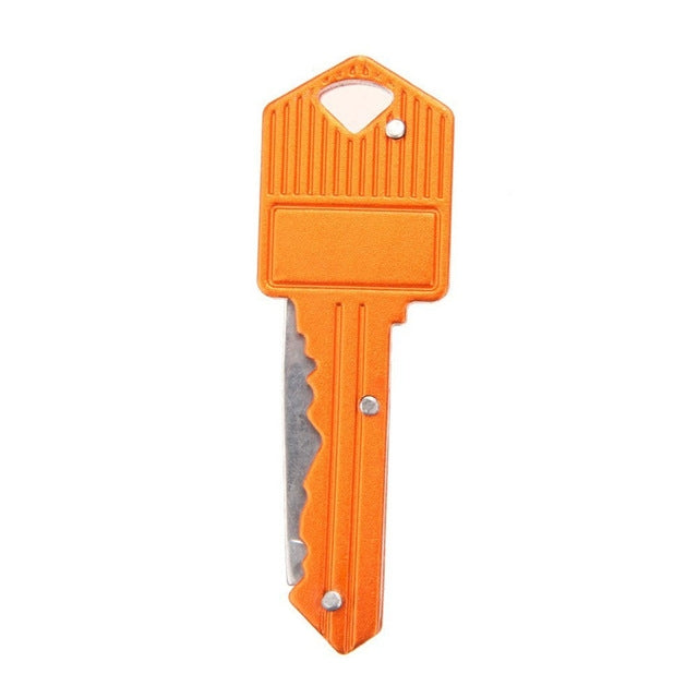 Orange key-shaped mini folding knife with silver blade and keyring hole