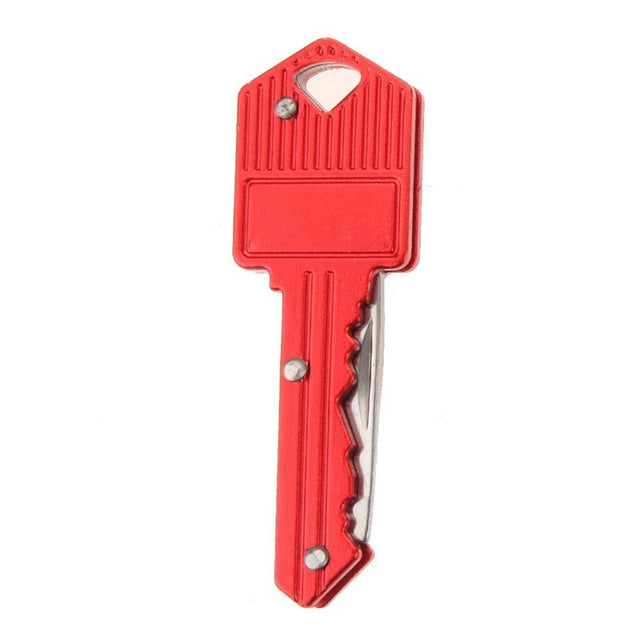 Red key-shaped mini folding knife with silver blade and keyring hole