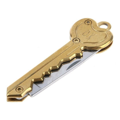 Gold mini key knife keychain with folded blade and keyring loop